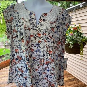 White Lace Detail Split Neck Blouse